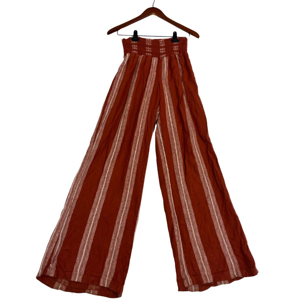 Enyce New York Womens Pants Rust Orange Striped Wide Leg Smocked Waist Linen